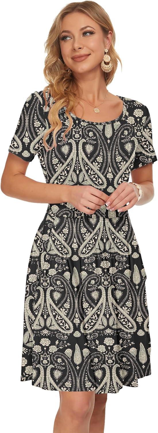 image:imageAUSELILY Robe dcontracte Manches Courtes plisse avec Poches Longueur GenouBoho Floral Noir