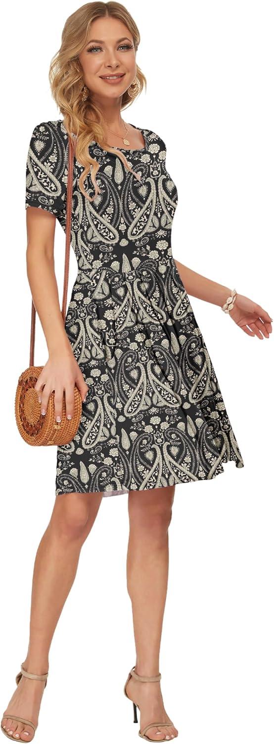 image:imageAUSELILY Robe dcontracte Manches Courtes plisse avec Poches Longueur GenouBoho Floral Noir