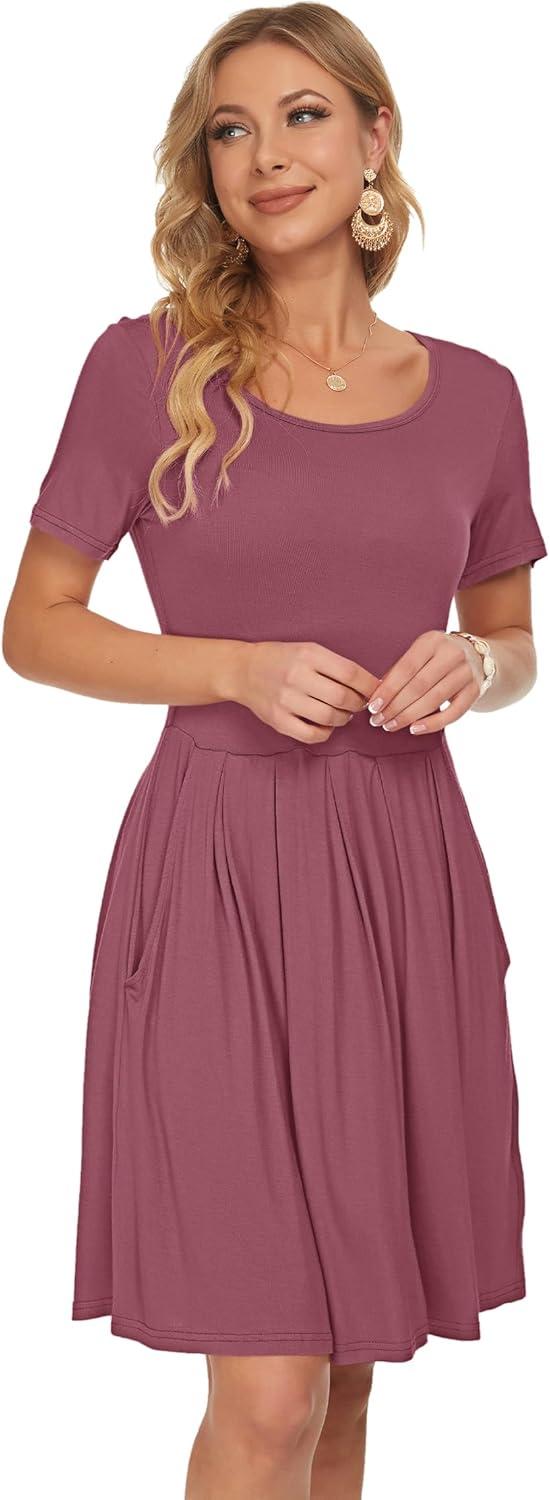 image:imageAUSELILY Robe dcontracte Manches Courtes plisse avec Poches Longueur GenouMauve