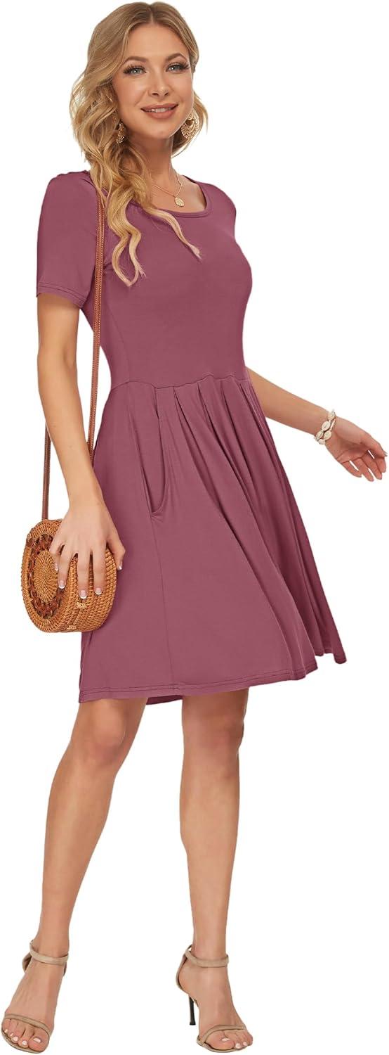 image:imageAUSELILY Robe dcontracte Manches Courtes plisse avec Poches Longueur GenouMauve