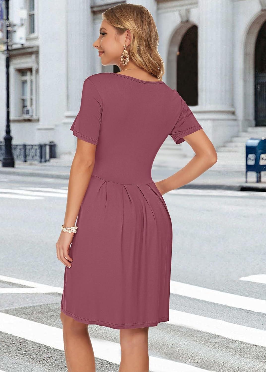 image:imageAUSELILY Robe dcontracte Manches Courtes plisse avec Poches Longueur GenouMauve