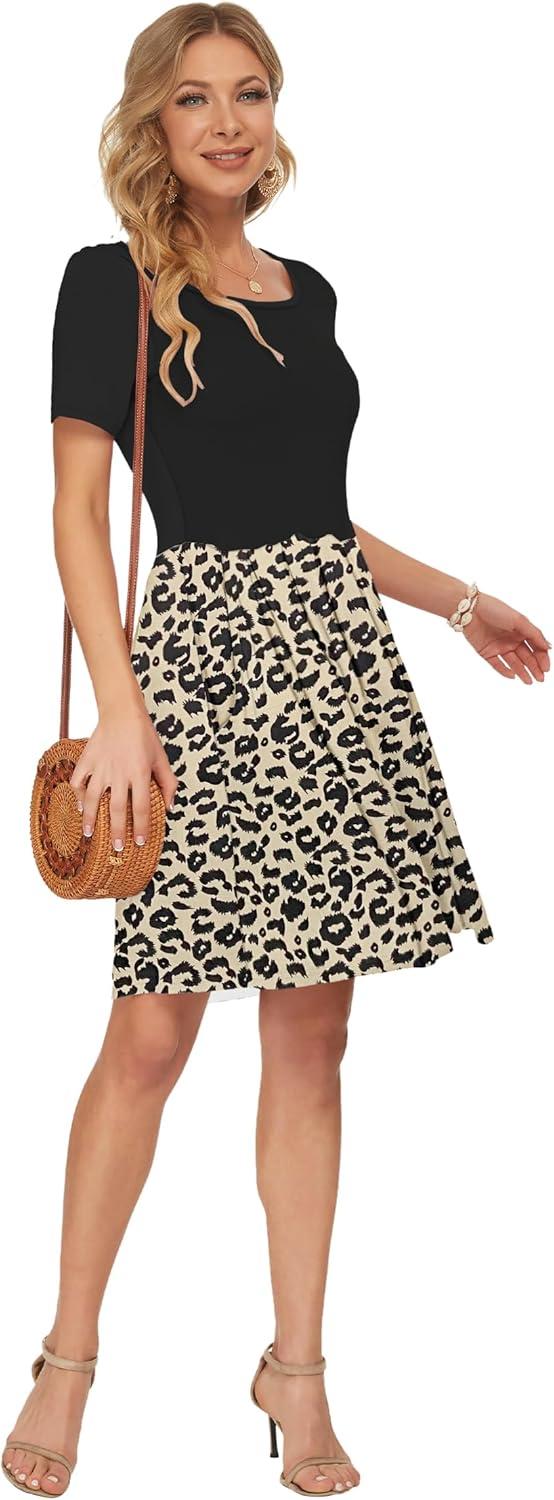 image:imageAUSELILY Robe dcontracte Manches Courtes plisse avec Poches Longueur GenouNoir Lopard2