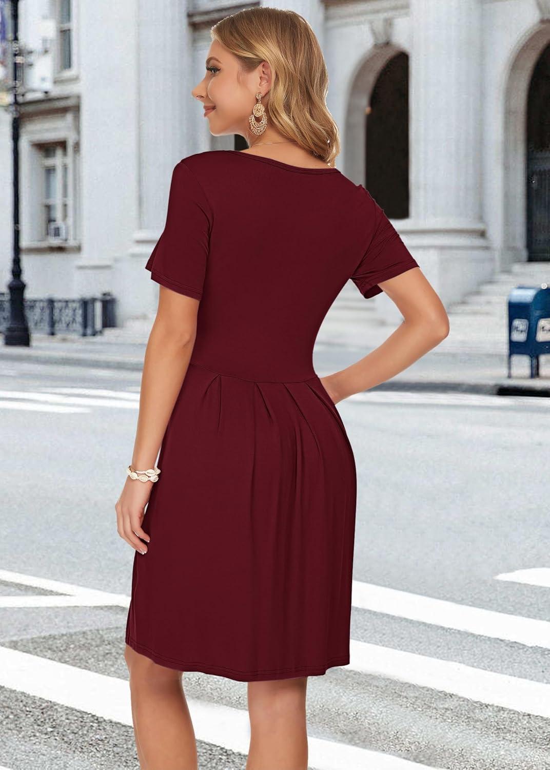 image:imageAUSELILY Robe dcontracte Manches Courtes plisse avec Poches Longueur GenouVin Rouge