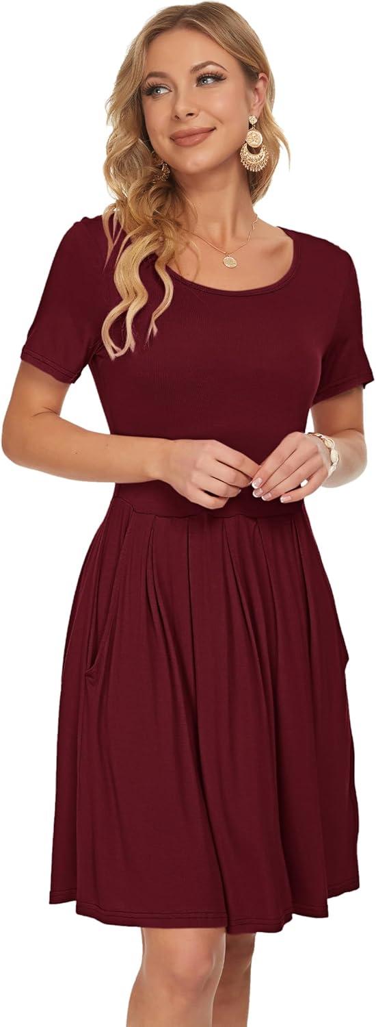 image:imageAUSELILY Robe dcontracte Manches Courtes plisse avec Poches Longueur GenouVin Rouge