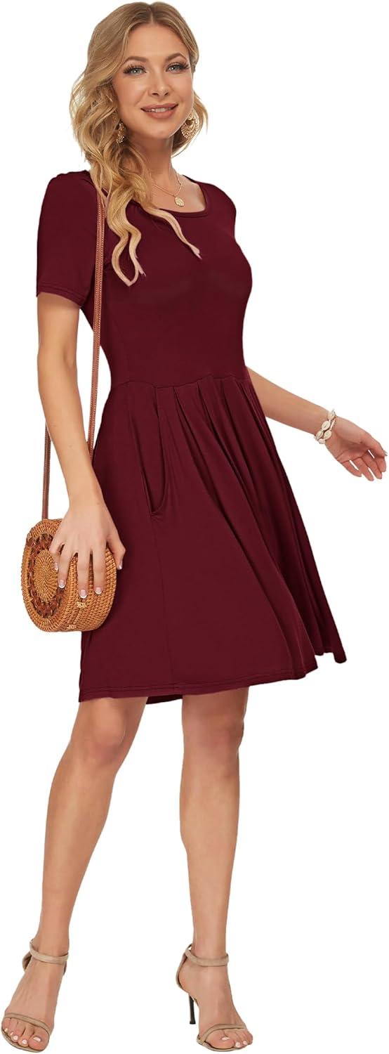 image:imageAUSELILY Robe dcontracte Manches Courtes plisse avec Poches Longueur GenouVin Rouge