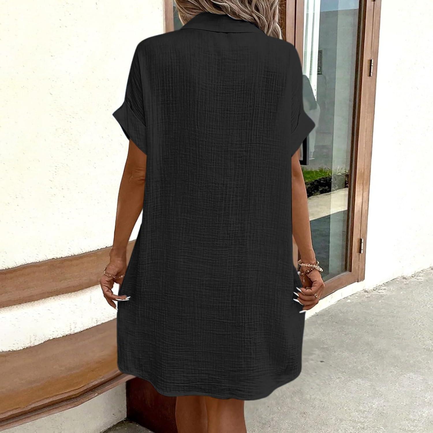 image:imageRobe en Lin Femme Ete Chemise Chic Et Elegant Coton Vetement Grandes Tailles Robes de Plage SXXLNoir