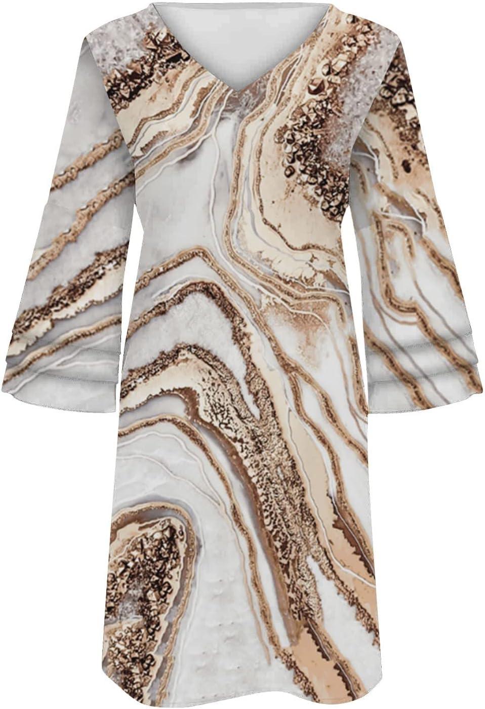 image:imageRobes en Dentelle Femmes Manches 34 t Col en V Robe MiLongue Dcontracte Robes Courtes Gradient Imprim Coupe Ample Plage Vacances Robe dt Une Ligne Robe vase Swing Robe de FteBkhaki