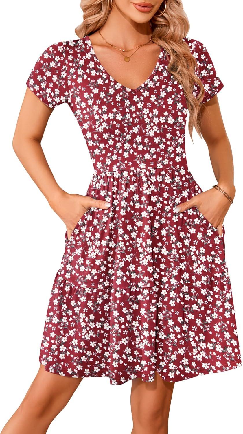 image:imageWNEEDU Robe dt Femme Robe de Plage Col en V Manches Courtes Robes TShirt Dcontracte avec Ourlet Pliss et PochesRouge Floral