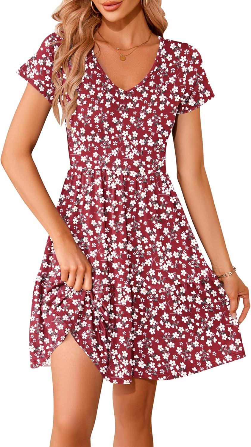 image:imageWNEEDU Robe dt Femme Robe de Plage Col en V Manches Courtes Robes TShirt Dcontracte avec Ourlet Pliss et PochesRouge Floral