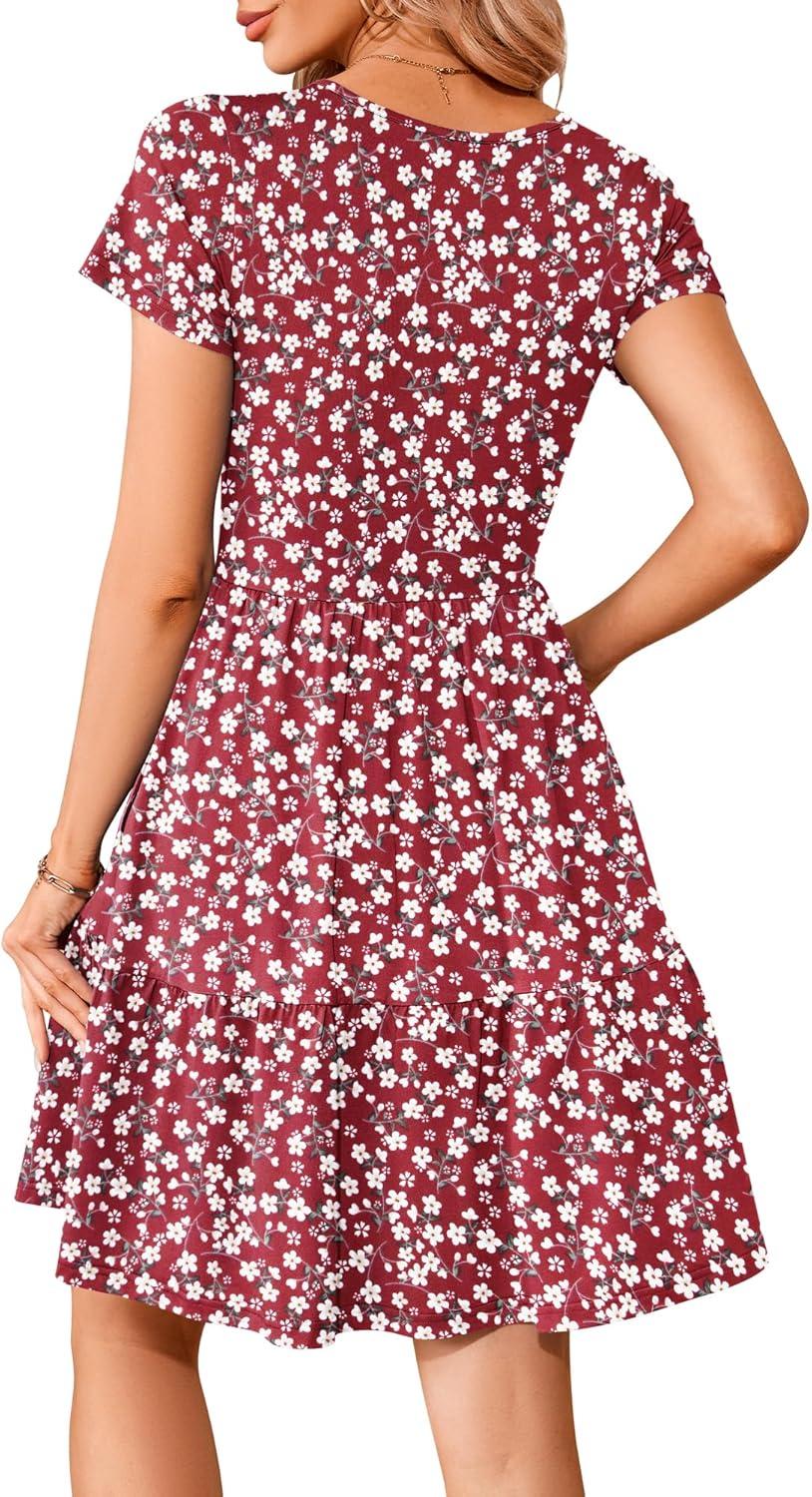 image:imageWNEEDU Robe dt Femme Robe de Plage Col en V Manches Courtes Robes TShirt Dcontracte avec Ourlet Pliss et PochesRouge Floral
