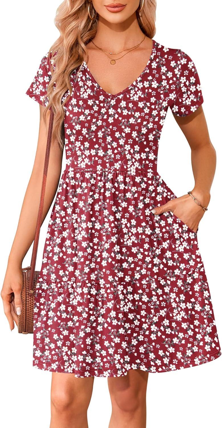 image:imageWNEEDU Robe dt Femme Robe de Plage Col en V Manches Courtes Robes TShirt Dcontracte avec Ourlet Pliss et PochesRouge Floral