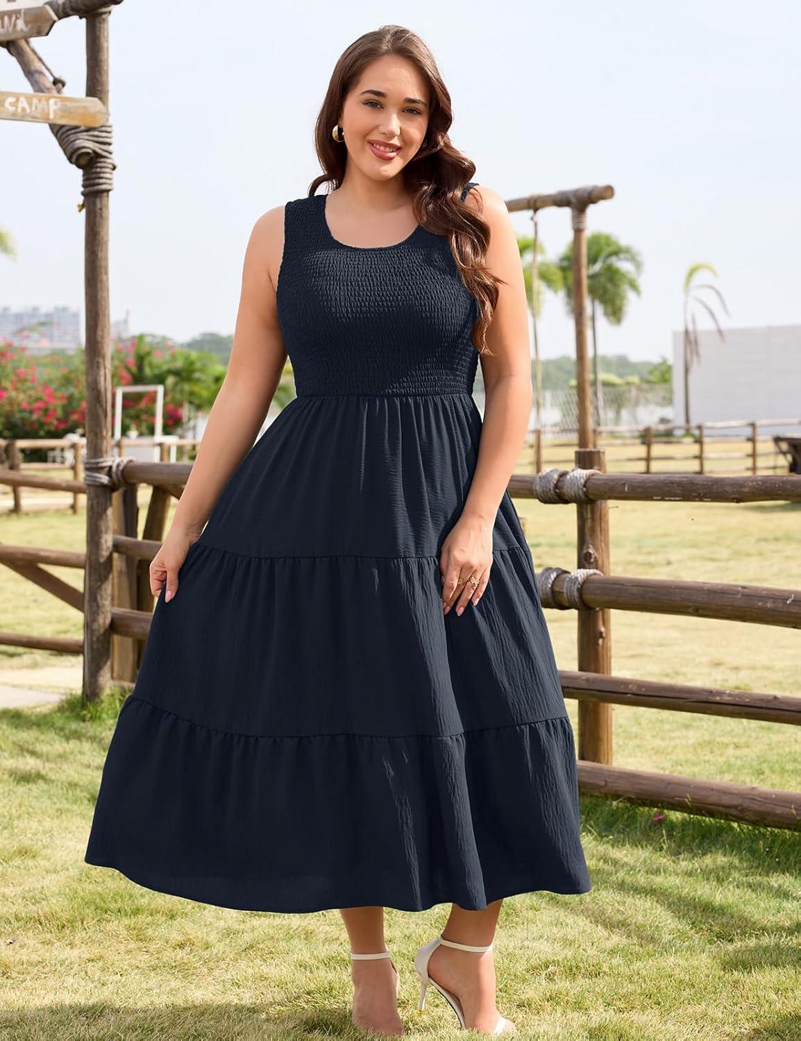 image:imageheekpek Robe Grande Taille Femme sans Manche Robe Ete Femme Mi Longue Fluide Chic et Elegant Col U ALine Lgre Robes PochesBleu Marine