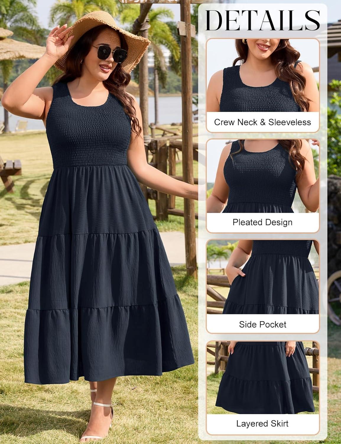 image:imageheekpek Robe Grande Taille Femme sans Manche Robe Ete Femme Mi Longue Fluide Chic et Elegant Col U ALine Lgre Robes PochesBleu Marine