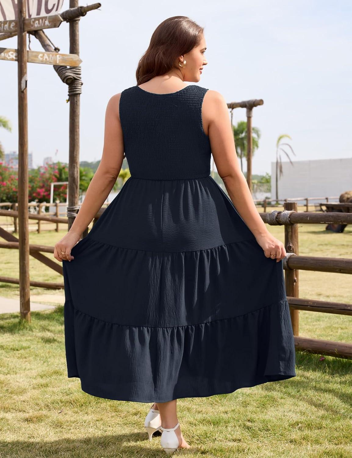 image:imageheekpek Robe Grande Taille Femme sans Manche Robe Ete Femme Mi Longue Fluide Chic et Elegant Col U ALine Lgre Robes PochesBleu Marine
