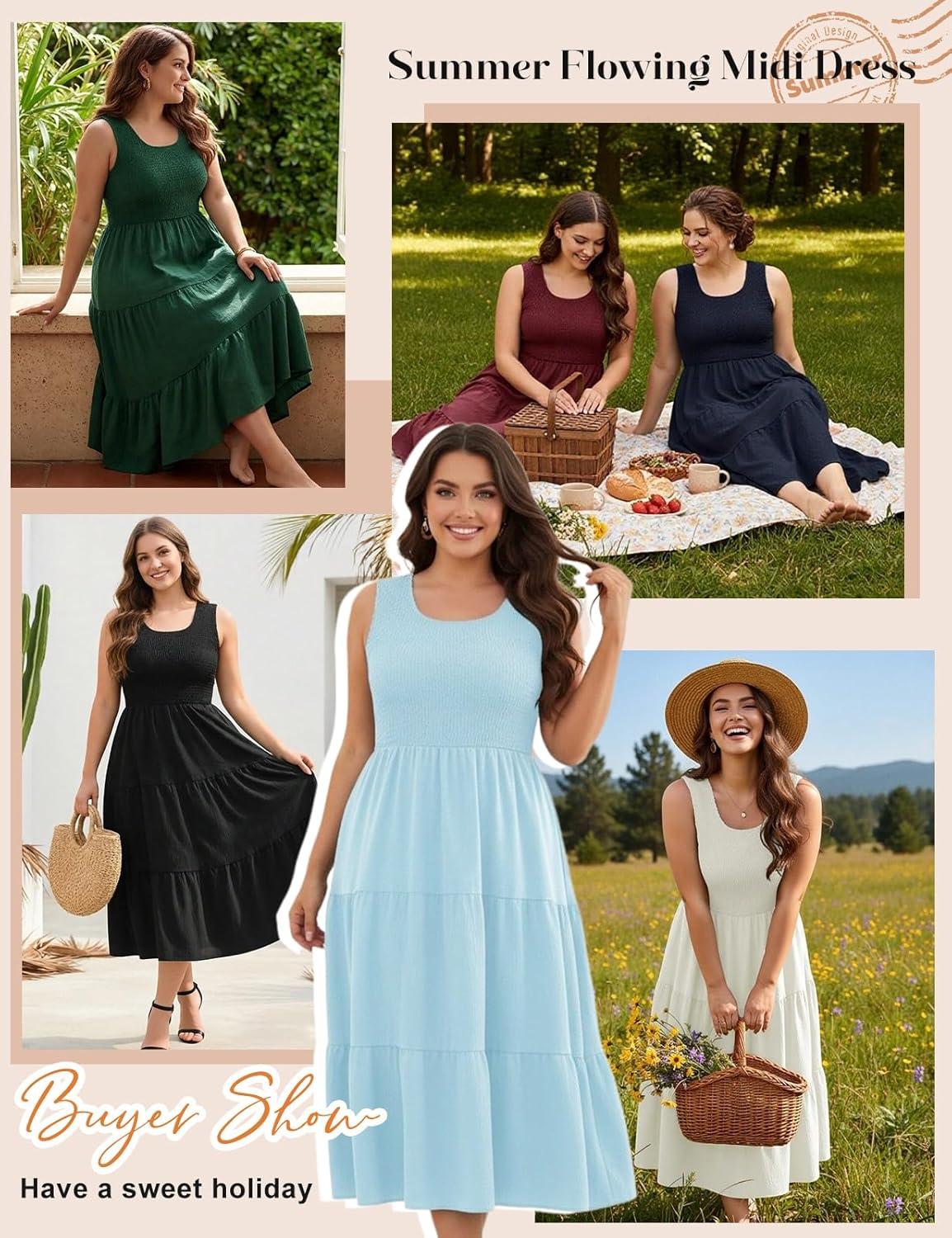 image:imageheekpek Robe Grande Taille Femme sans Manche Robe Ete Femme Mi Longue Fluide Chic et Elegant Col U ALine Lgre Robes PochesBleu Marine