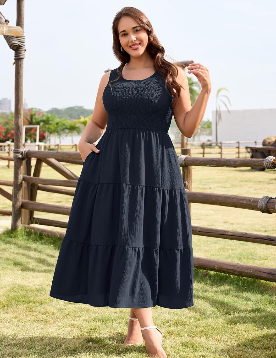 image:imageheekpek Robe Grande Taille Femme sans Manche Robe Ete Femme Mi Longue Fluide Chic et Elegant Col U ALine Lgre Robes PochesBleu Marine