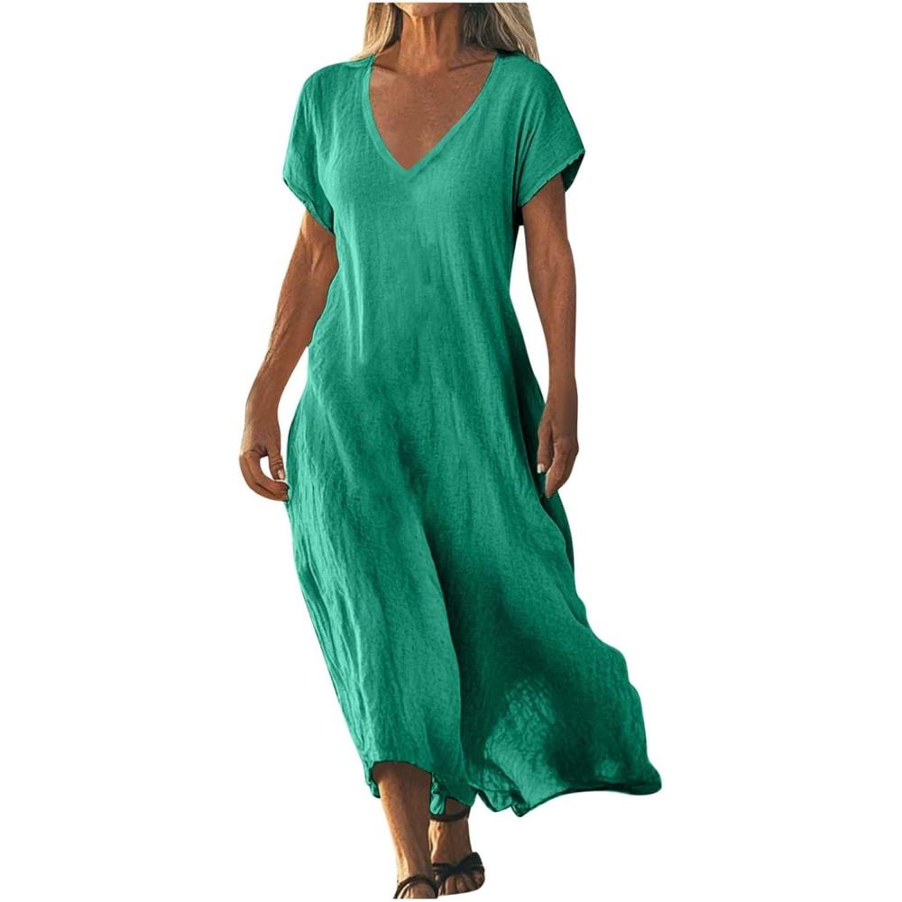 image:image2025 Robe Dt pour Femme Robes en Coton Lin Manches Courtes Robe de Plage Dcontracte Col en V Chic et Elegant Jupe Lche et Respirant Couleur Unie Boho Ete MiLongue Dress Robes de Soleilb02Vert