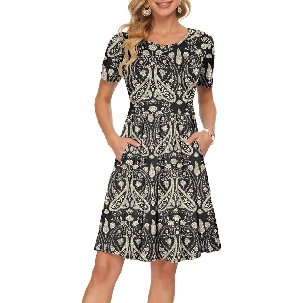 image:imageAUSELILY Robe dcontracte Manches Courtes plisse avec Poches Longueur GenouBoho Floral Noir