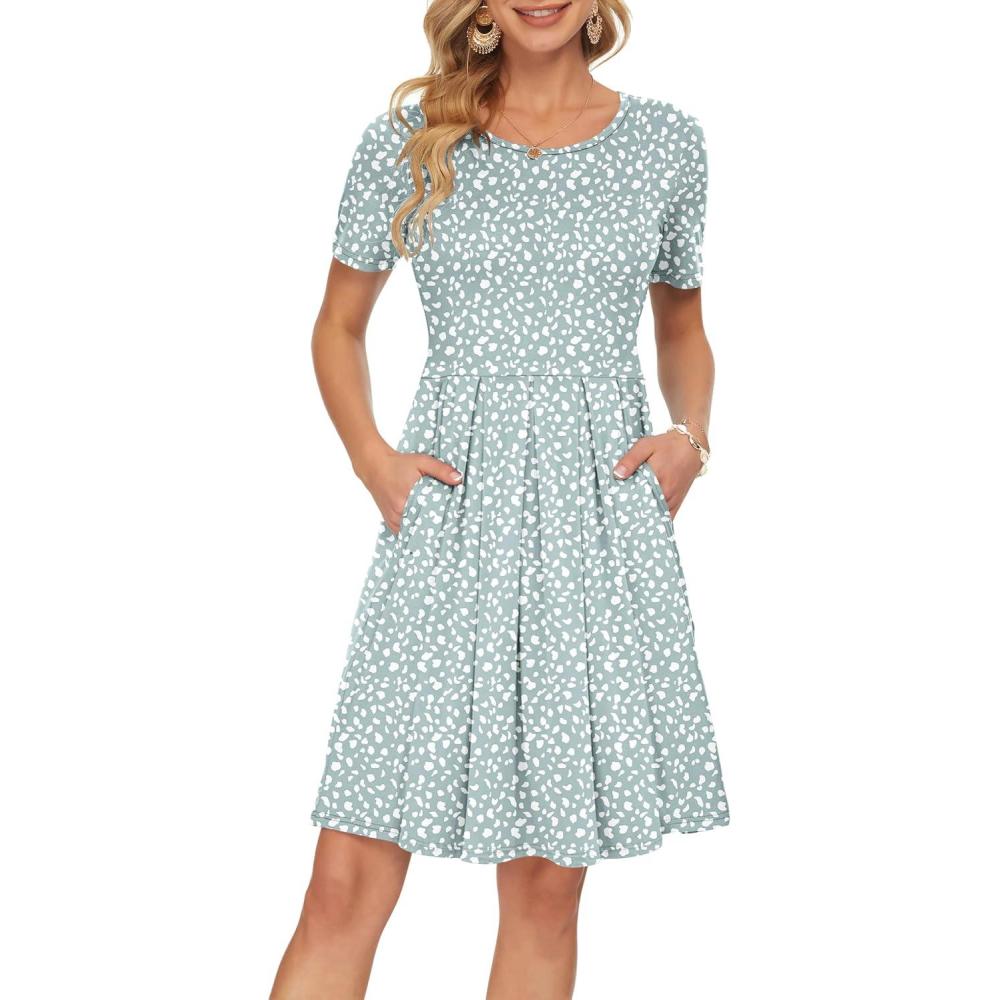 image:imageAUSELILY Robe dcontracte Manches Courtes plisse avec Poches Longueur GenouFer Cheval Vert
