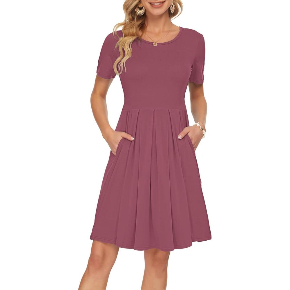 image:imageAUSELILY Robe dcontracte Manches Courtes plisse avec Poches Longueur GenouMauve