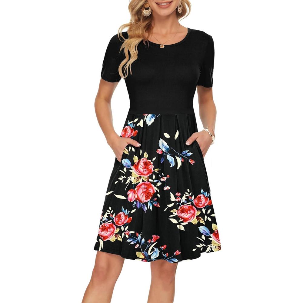image:imageAUSELILY Robe dcontracte Manches Courtes plisse avec Poches Longueur GenouNoir Fleur Noir
