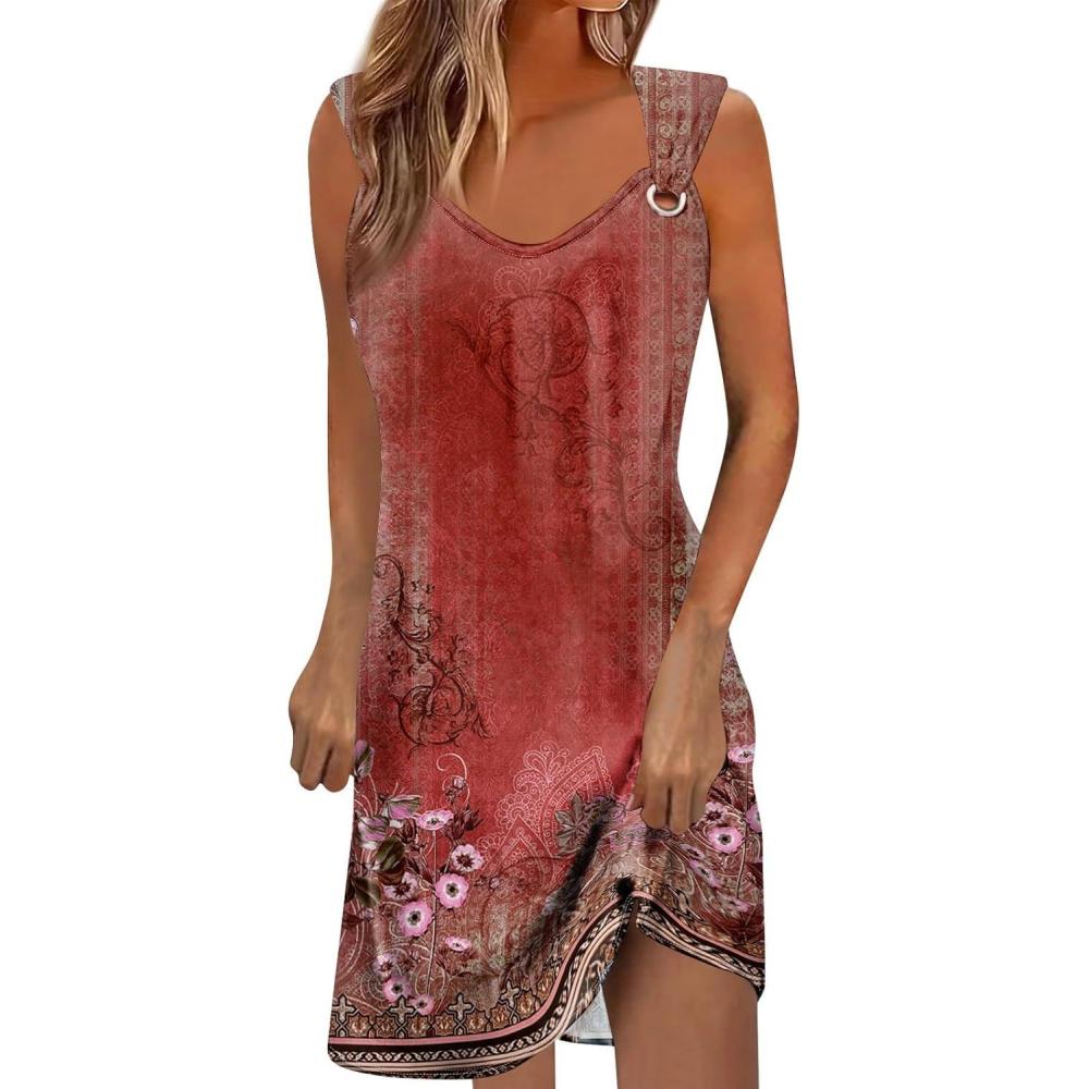 image:imageFemme Robe de Plage Bretelles Dcontract Col en V Lche Genou TShirt Robe Robes Chic et Elegant t sans Manches01rouge