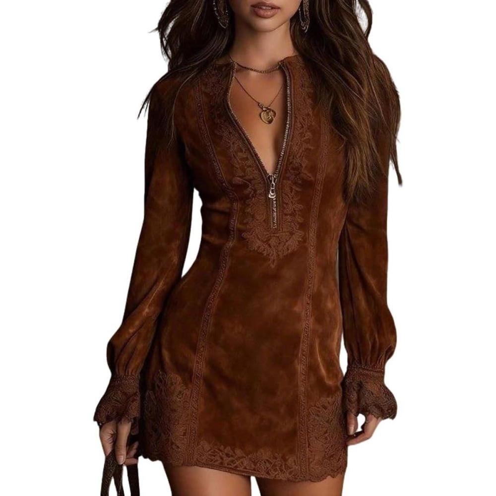 image:imageMini robe vintage en daim synthtique imprim floral pour femme manches longues fermeture clair dentelle robe courte moulante col en V pour femmeMarron