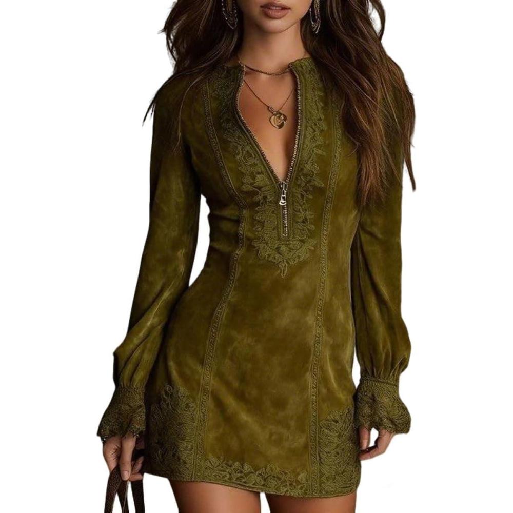 image:imageMini robe vintage en daim synthtique imprim floral pour femme manches longues fermeture clair dentelle robe courte moulante col en V pour femmeVert