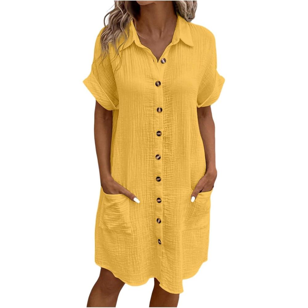 image:imageRobe en Lin Femme Ete Chemise Chic Et Elegant Coton Vetement Grandes Tailles Robes de Plage SXXLJaune
