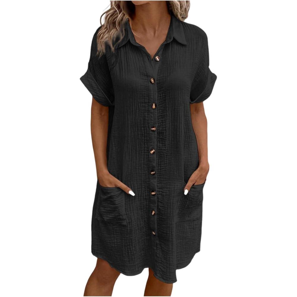 image:imageRobe en Lin Femme Ete Chemise Chic Et Elegant Coton Vetement Grandes Tailles Robes de Plage SXXLNoir