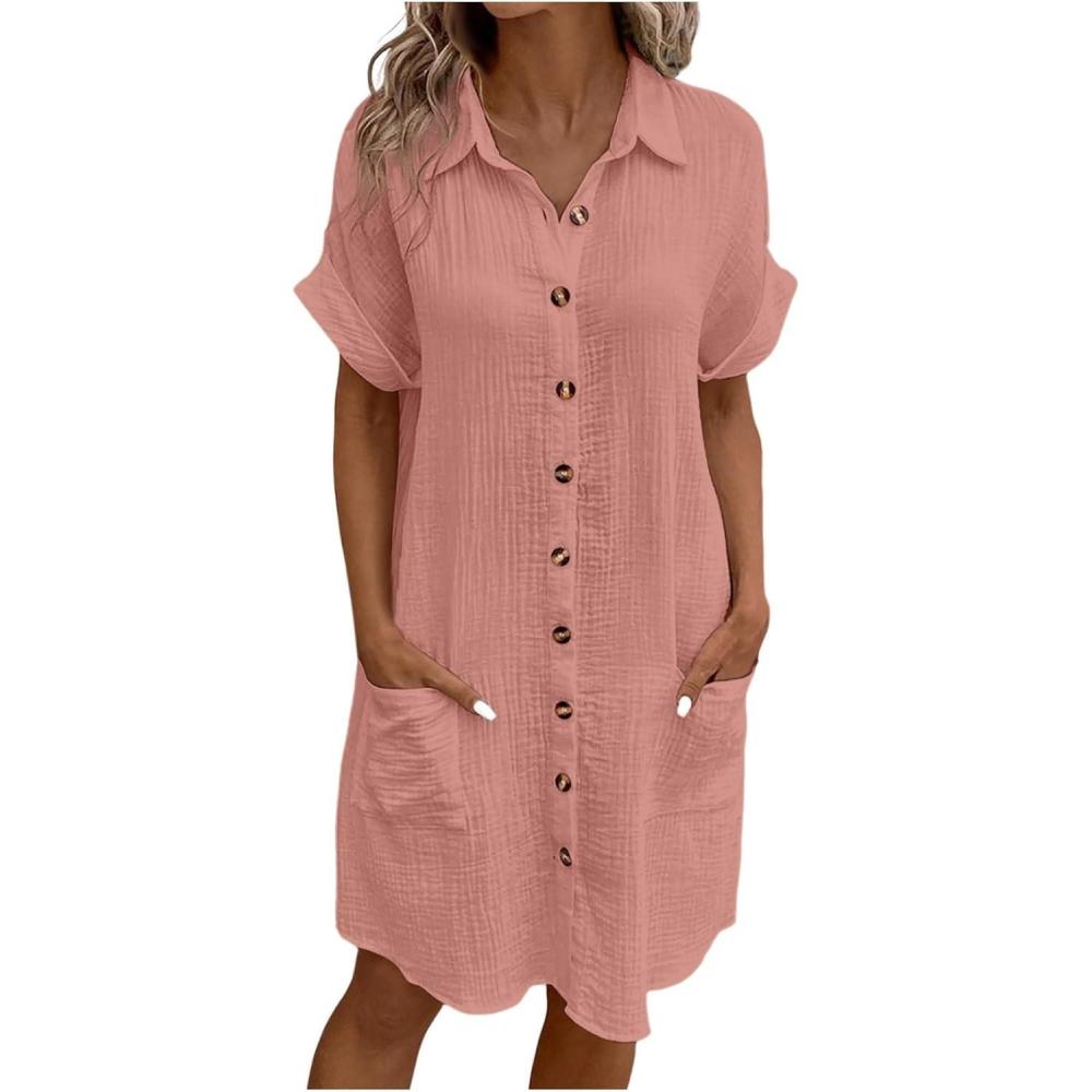 image:imageRobe en Lin Femme Ete Chemise Chic Et Elegant Coton Vetement Grandes Tailles Robes de Plage SXXLRose