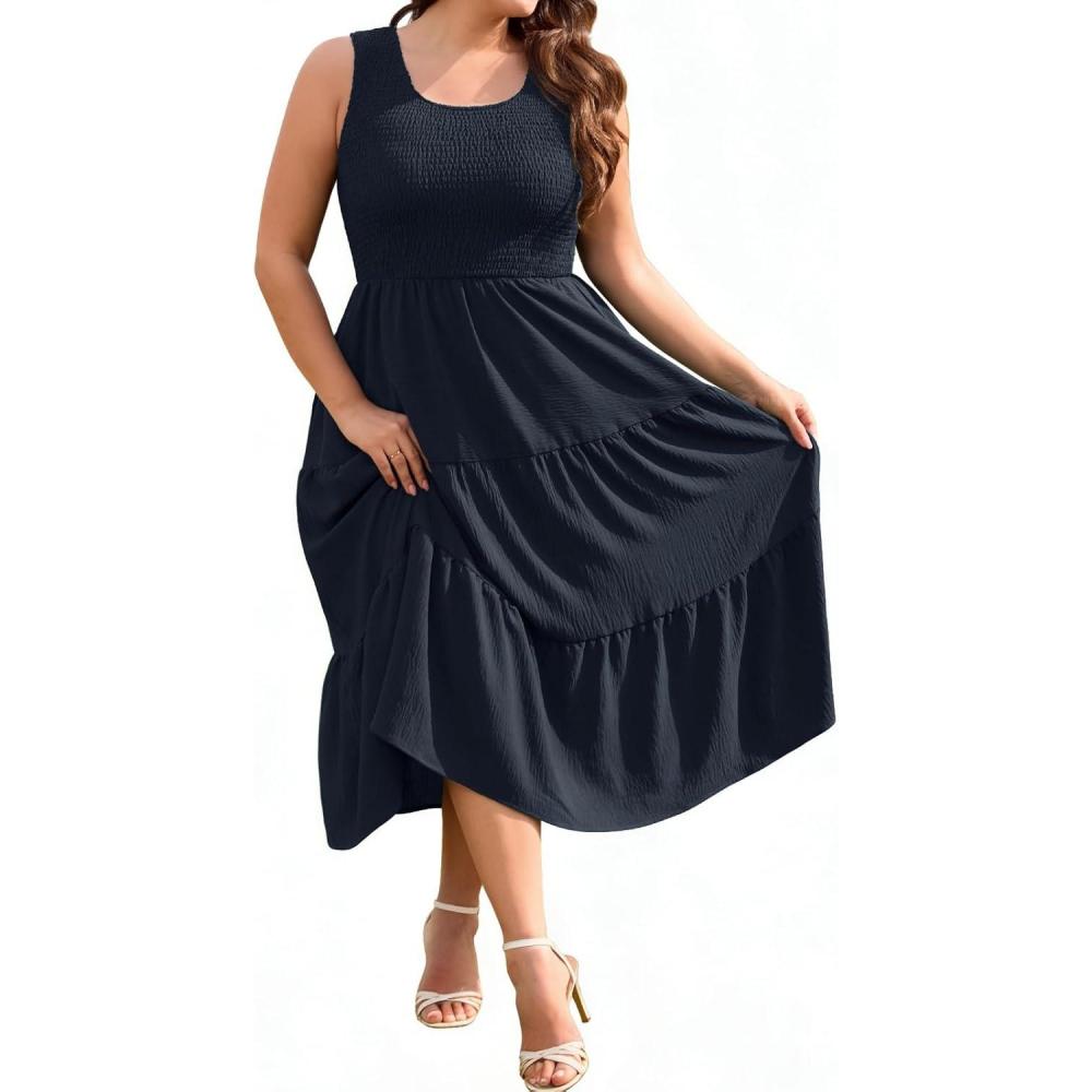 image:imageheekpek Robe Grande Taille Femme sans Manche Robe Ete Femme Mi Longue Fluide Chic et Elegant Col U ALine Lgre Robes PochesBleu Marine