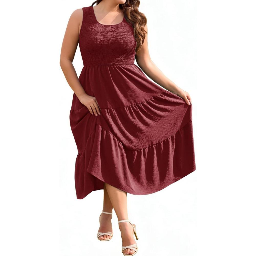 image:imageheekpek Robe Grande Taille Femme sans Manche Robe Ete Femme Mi Longue Fluide Chic et Elegant Col U ALine Lgre Robes PochesBourgogne