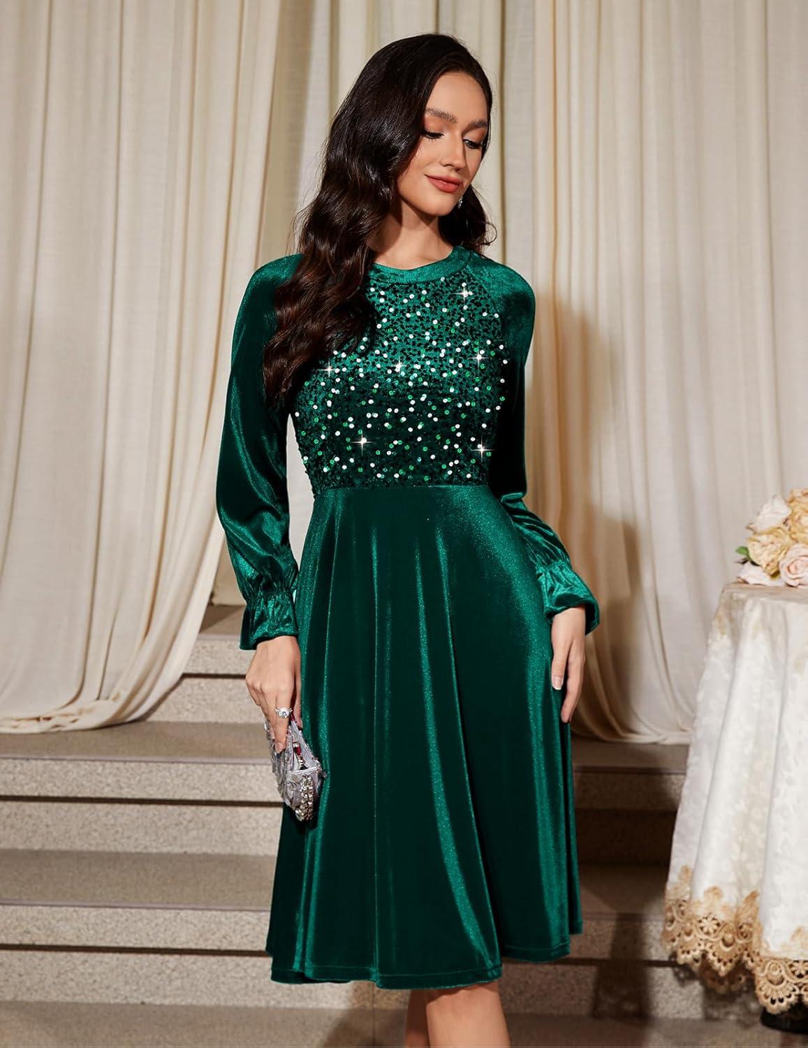 image:imageBbonlinedress Robe de Soire Cocktail Manches Longues en Velours Paillettes pour Femme Robe Midi Vintage pour Mariage inviteVert Fonc