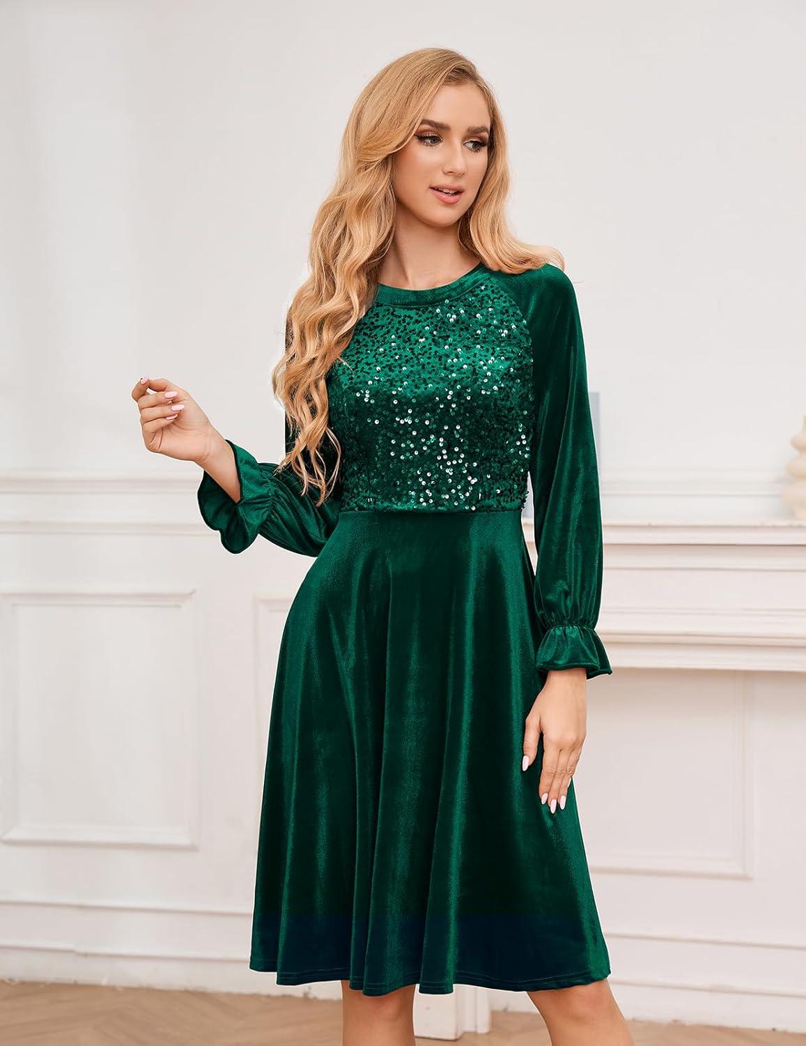 image:imageBbonlinedress Robe de Soire Cocktail Manches Longues en Velours Paillettes pour Femme Robe Midi Vintage pour Mariage inviteVert Fonc