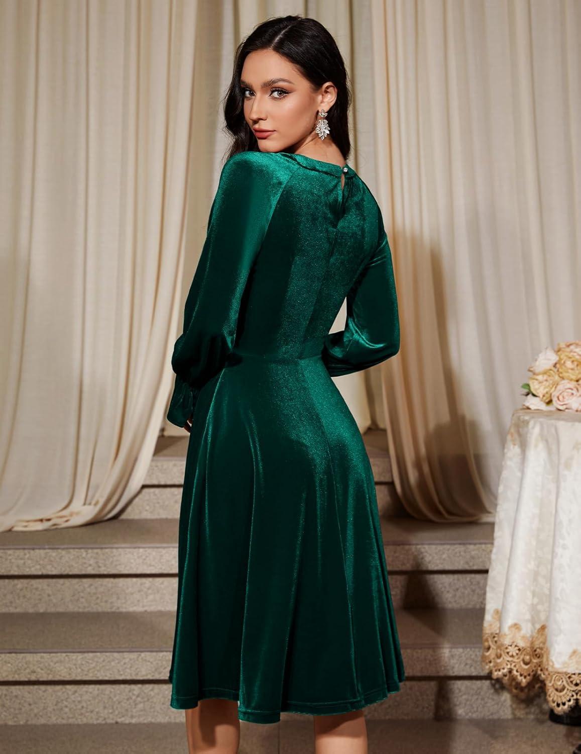 image:imageBbonlinedress Robe de Soire Cocktail Manches Longues en Velours Paillettes pour Femme Robe Midi Vintage pour Mariage inviteVert Fonc