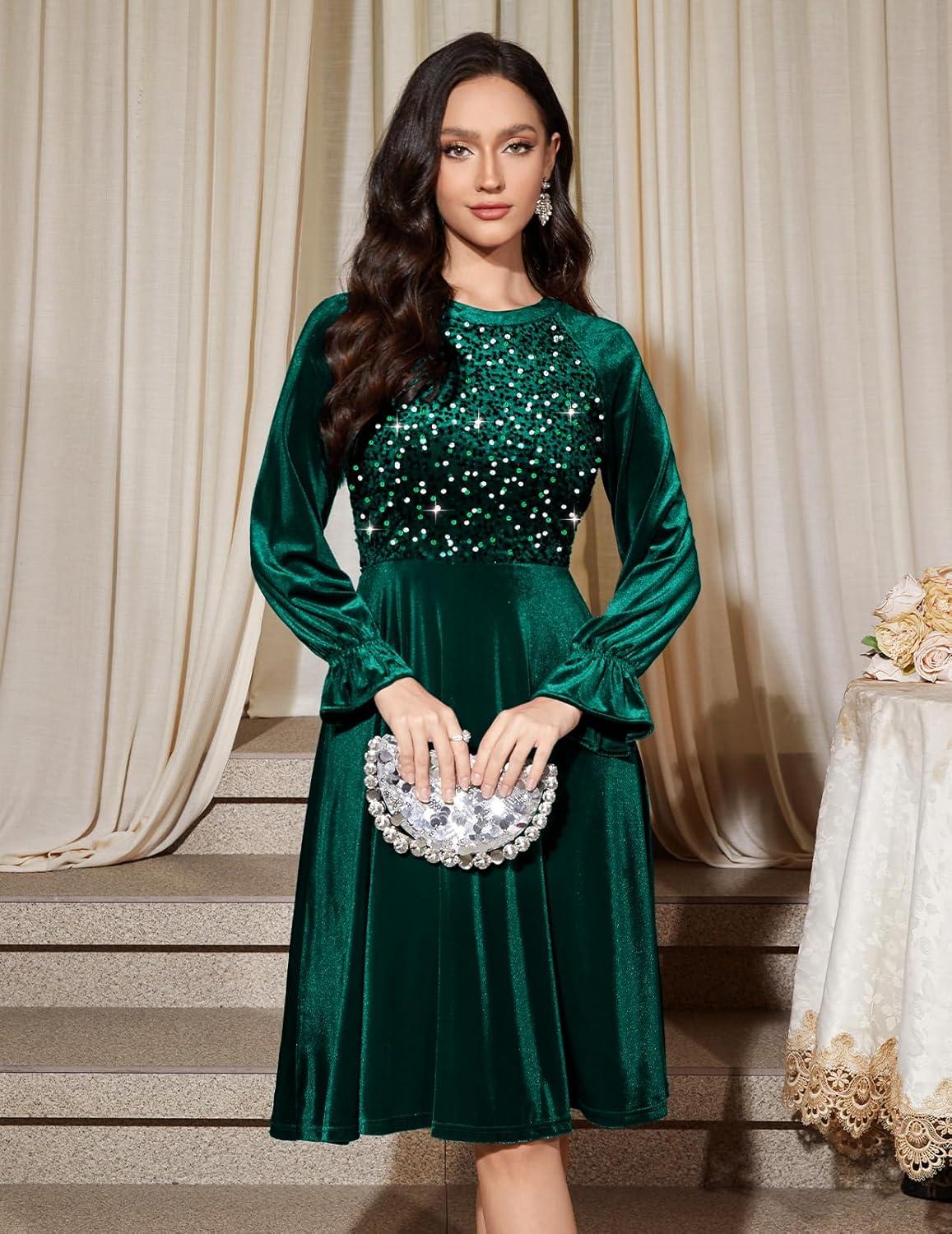 image:imageBbonlinedress Robe de Soire Cocktail Manches Longues en Velours Paillettes pour Femme Robe Midi Vintage pour Mariage inviteVert Fonc