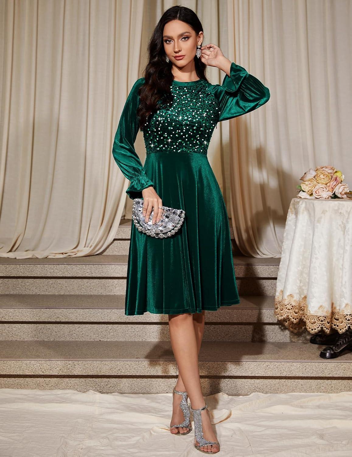 image:imageBbonlinedress Robe de Soire Cocktail Manches Longues en Velours Paillettes pour Femme Robe Midi Vintage pour Mariage inviteVert Fonc