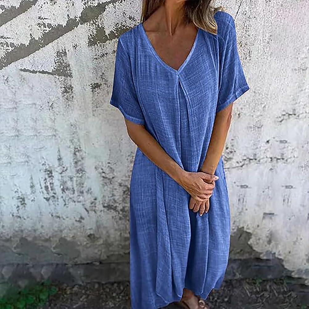 image:imageGnrique Robe miLongue en Coton et Lin col en V Robes en Lin pour Femmes Robes miLongues en Lin pour Femmes Robe dcontracte UnieOrange