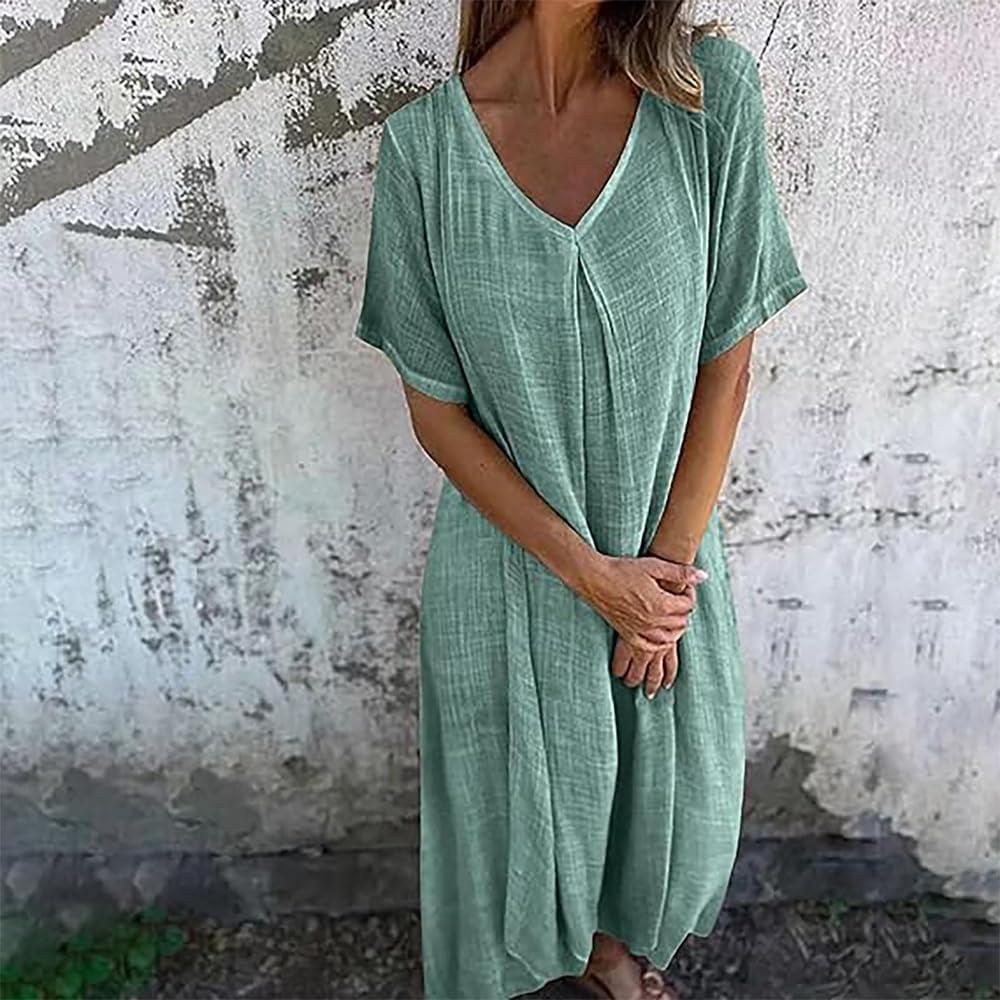 image:imageGnrique Robe miLongue en Coton et Lin col en V Robes en Lin pour Femmes Robes miLongues en Lin pour Femmes Robe dcontracte UnieOrange