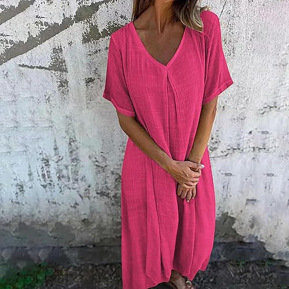 image:imageGnrique Robe miLongue en Coton et Lin col en V Robes en Lin pour Femmes Robes miLongues en Lin pour Femmes Robe dcontracte UnieOrange