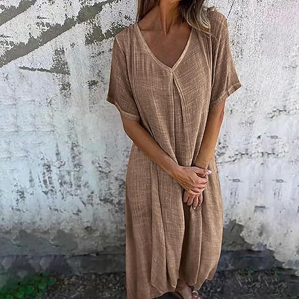 image:imageGnrique Robe miLongue en Coton et Lin col en V Robes en Lin pour Femmes Robes miLongues en Lin pour Femmes Robe dcontracte UnieOrange