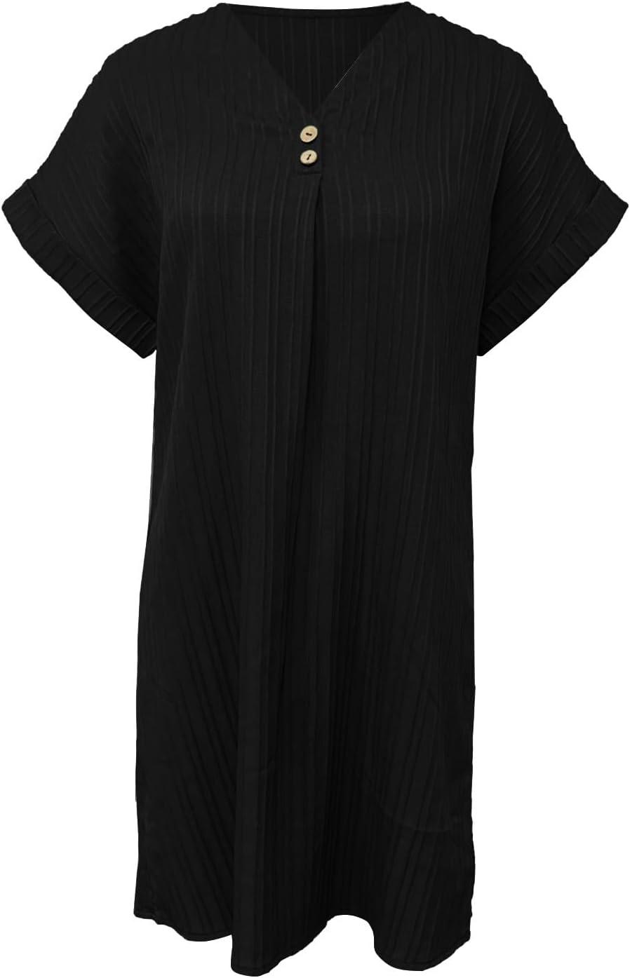 image:imageRobe Femme Chic et Elegant Col en V Couleur Unie t Col Boutonn Manches Courtes Femmes Robe de Plage Tunique ALinie Fluide Swing Lger et Respirant MiLongue01 Noir
