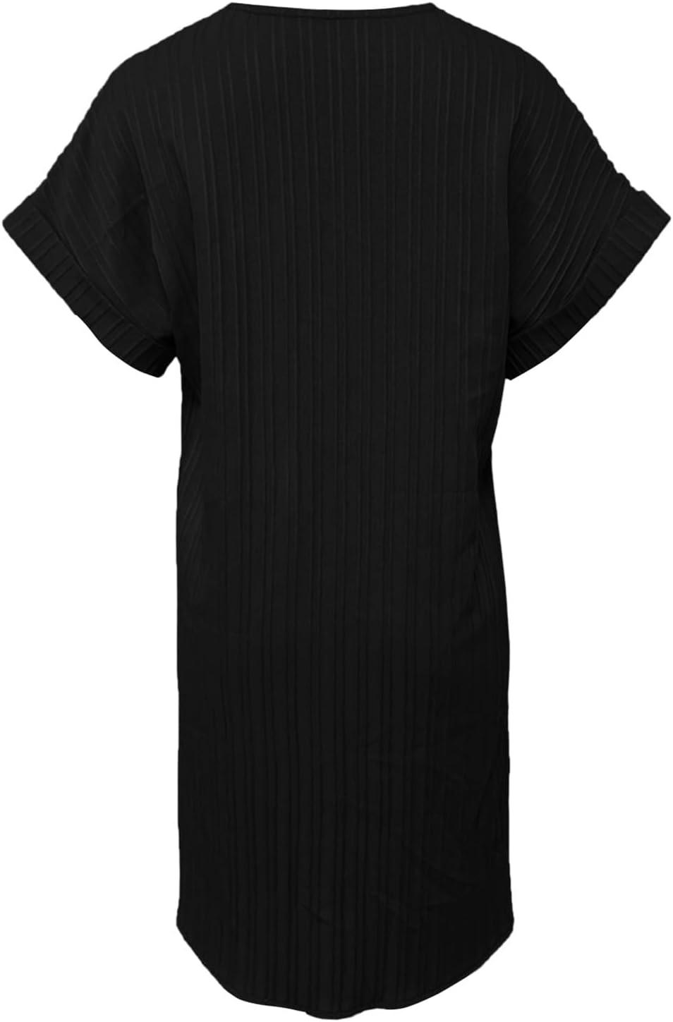 image:imageRobe Femme Chic et Elegant Col en V Couleur Unie t Col Boutonn Manches Courtes Femmes Robe de Plage Tunique ALinie Fluide Swing Lger et Respirant MiLongue01 Noir