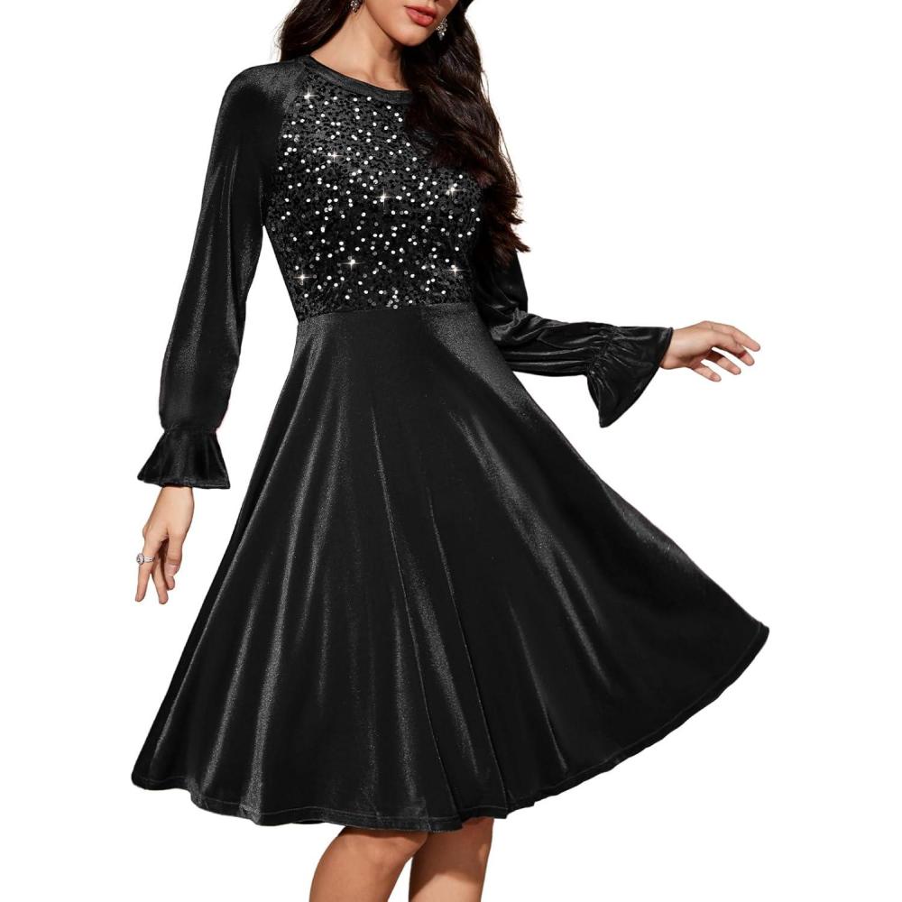 image:imageBbonlinedress Robe de Soire Cocktail Manches Longues en Velours Paillettes pour Femme Robe Midi Vintage pour Mariage inviteNoir