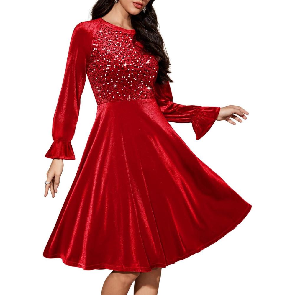 image:imageBbonlinedress Robe de Soire Cocktail Manches Longues en Velours Paillettes pour Femme Robe Midi Vintage pour Mariage inviteRouge