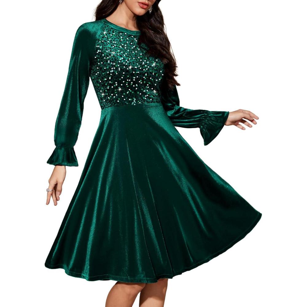 image:imageBbonlinedress Robe de Soire Cocktail Manches Longues en Velours Paillettes pour Femme Robe Midi Vintage pour Mariage inviteVert Fonc