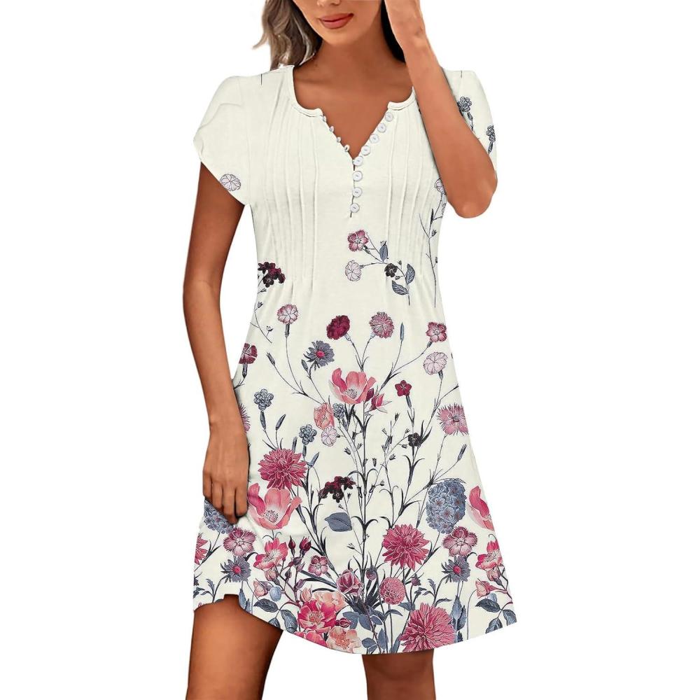 image:imageGnrique Robe Femme Chic et Elegant Mi Longue Femme Manches Courtes Col V Robe Bohme Imprim Floral Ete Loose Rtro Maxi Robes de Bal Soire Plage Vacances Dress dcontracte Dress with Waist TieRose