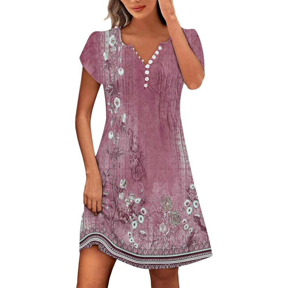 image:imageGnrique Robe Femme Chic et Elegant Mi Longue Femme Manches Courtes Col V Robe Bohme Imprim Floral Ete Loose Rtro Maxi Robes de Bal Soire Plage Vacances Dress dcontracte Dress with Waist TiePurple Pink