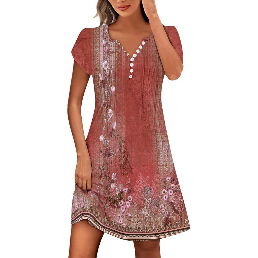 image:imageGnrique Robe Femme Chic et Elegant Mi Longue Femme Manches Courtes Col V Robe Bohme Imprim Floral Ete Loose Rtro Maxi Robes de Bal Soire Plage Vacances Dress dcontracte Dress with Waist TieRouge